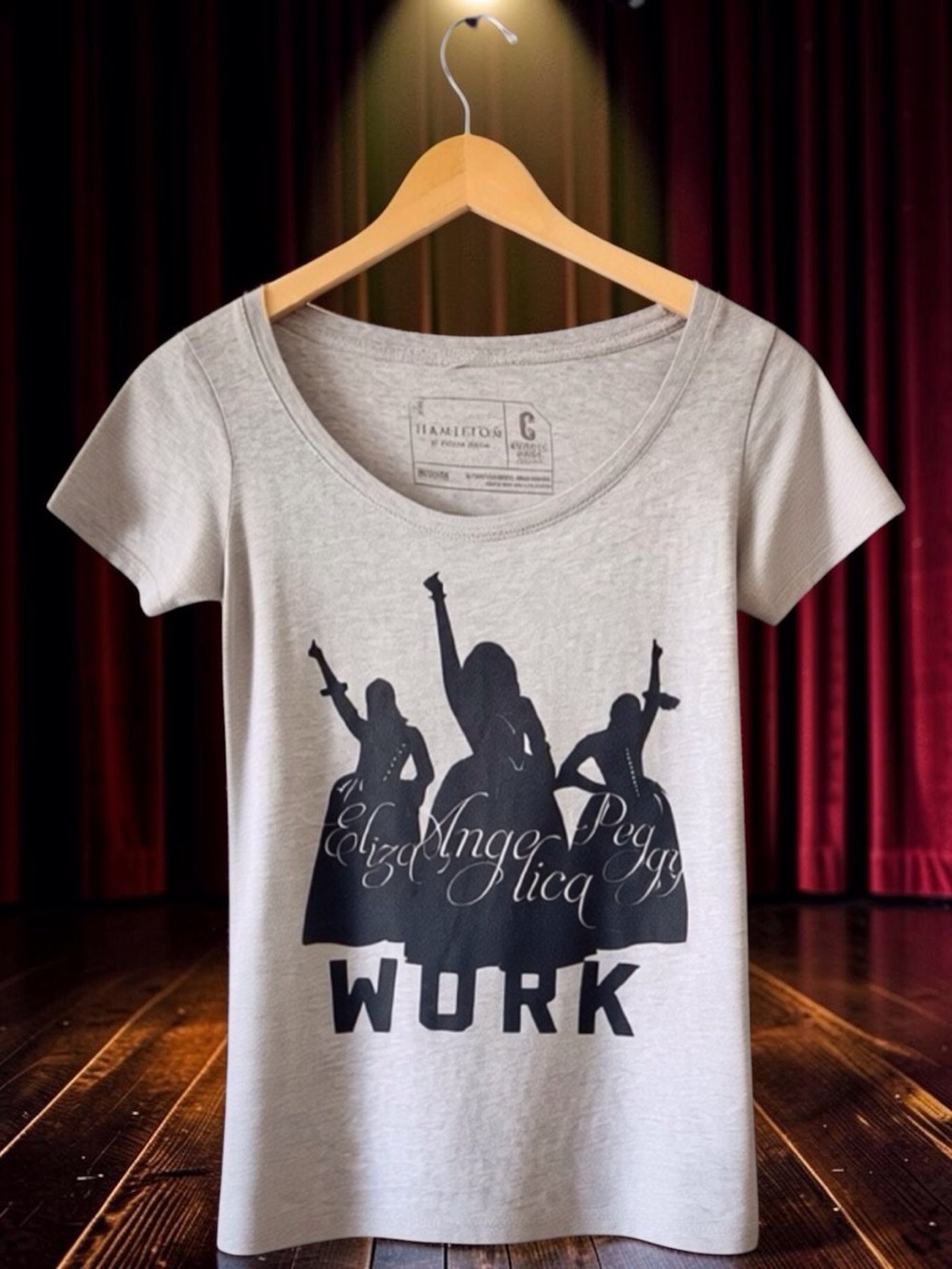 Hamilton Scoop Neck Tee with Black 'WORK' Graphic sz M